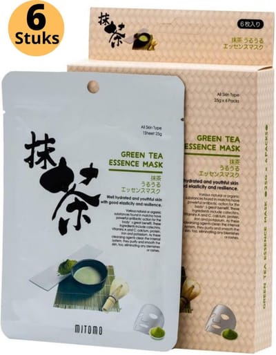 Mitomo Green Tea Gezichtsmasker - Gezichtsmasker Verzorging - Face Mask Beauty - Face Mask Japans - Gezichtsverzorging Dames - Japanse Gezichtsmaskers - Skincare Ritual Sheet Mask - 6 x 25g