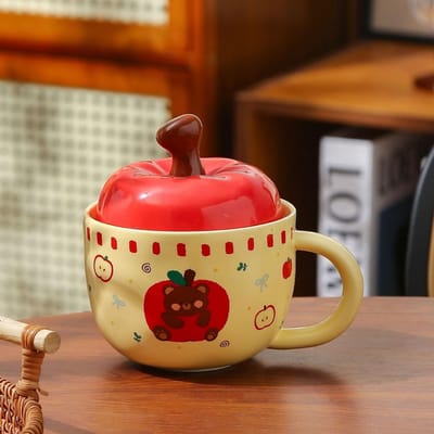 Creatieve Keramische Appel Mok met Deksel Retro Drinkbeker Hoge Uitstraling Huis Ontbijtbeker Koffiekopje Souvenir 410ml red