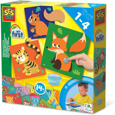 SES Creative - My First - Dierenstaarten Plakken - Ontdek 14 Dieren en hun Staarten - Complete Set met Vingerlijm – 1 tot 4 jaar