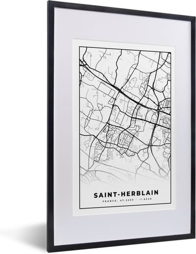 Fotolijst incl. Poster Zwart Wit- Kaart - Plattegrond - Saint-Herblain - Frankrijk - Stadskaart - Zwart wit - 40x60 cm - Posterlijst