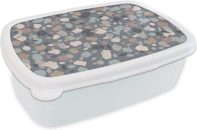 Broodtrommel Wit - Lunchbox - Brooddoos - Retro - Terrazzo - Geometrie - Patronen - 18x12x6 cm - Volwassenen