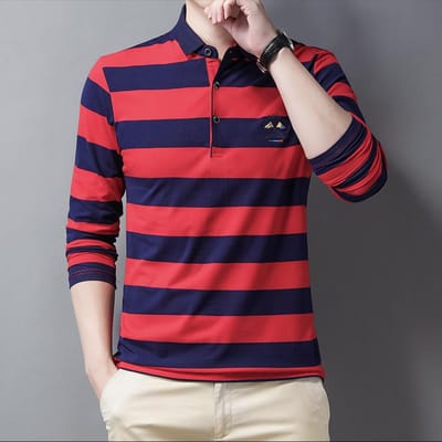 Nouveau POLO Homme Printemps Automne T-shirt À Manches Longues avec Une Chemise De Base Affaires Décontracté Revers Rayé Chemise Slim XL red