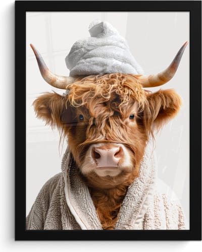 Poster in lijst - Fotolijst 30x40 cm - Posters - Schotse hooglander - Badjas - Koe - Dieren - Posterlijst zwart - Wanddecoratie badkamer - Muurdecoratie WC - Decoratieve accessoires - Toilet muur decoratie