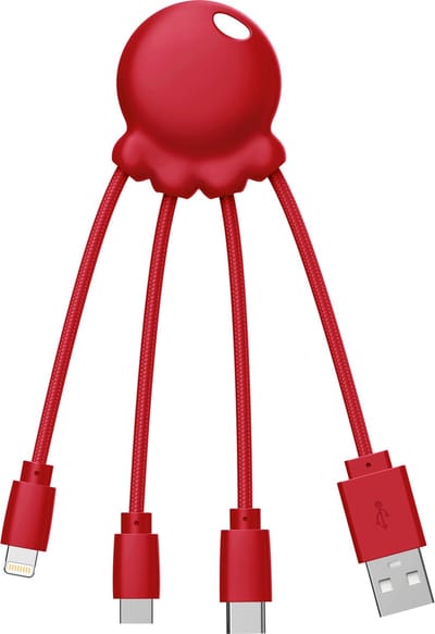 Xoopar - Octopus Recycled 3-in-1 Laadkabel – USB naar USB-C, Lightning en Micro-USB – Compacte Multilaadkabel – 0,1 m – Rood