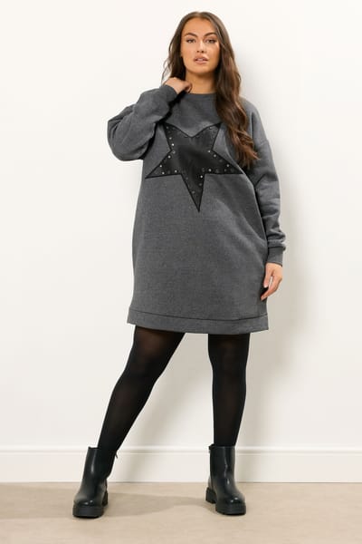 Yours Grijze Sweatshirtjurk Met Sterren En Oogjes Size 50-52