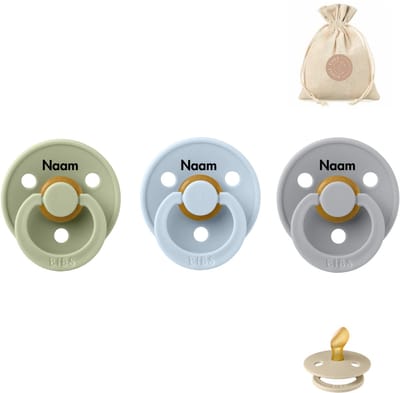 BIBS fopspenen anatomisch met naam - maat 2 - sage, cloud en baby blue + BolleToet speenzakje