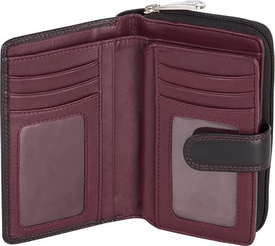 Visconti Leren Portemonnee - Dames Beugelportemonnee - RFID - Leer - 18 Pasjes - Zwart/Burgundy