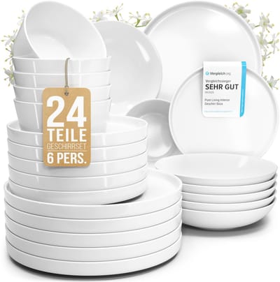 Pure Living Crystal Serviesset - Wit - 24-Delig - Voor 6 Personen - Massief Porselein - Krasbestendig - Magnetron & Vaatwasserbestendig