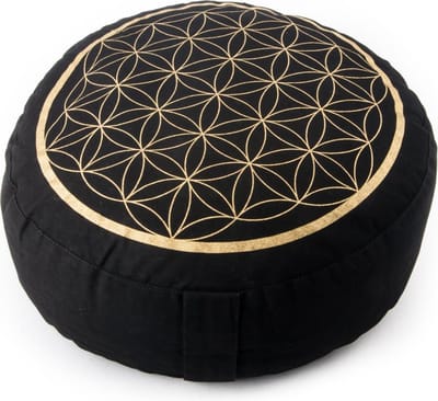 Meditatiekussen zwart/goud levensbloem opdruk - Katoen - Boekweit - 33x17 - Zwart - Goud - L
