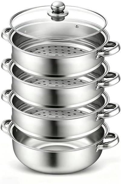 Stoompan met Inzet - Stoomkoker - Gezond Koken - 3/4 Laags Koken - 28 cm Diameter - Zilver