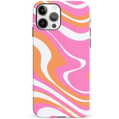xoxo Wildhearts Chasing Sunsets - Double Layer - Hoesje geschikt voor iPhone 12 Pro case - Siliconen hoesje met golvenprint - Golven - Hardcover - Beschermhoes - Optimale bescherming - Beige - Oranje - Roze