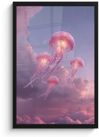 Poster in lijst - Fotolijst 40x60 cm - Posters - Kwallen - Roze - Wolken - Posterlijst zwart - Decoratie - Wanddecoratie woonkamer - Muurdecoratie slaapkamer