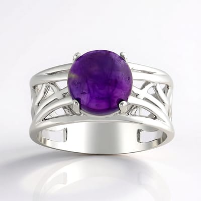 Cavill - 925 Sterling Zilver Ring met Platina Coating - 1,9 Karaat Zambia Amethist Rond - Glanzend Paars - Verstelbaar - Elegante Gebogen Patronen