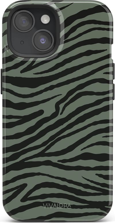VivaLora Tough Telefoonhoesje iPhone 15 met MagSafe - Wild Lines Zebra Print - 2-in-1 Phone Case - Hard Case & Siliconen Backcover - Extra Bescherming - Shockproof Cover - Zebraprint Groen