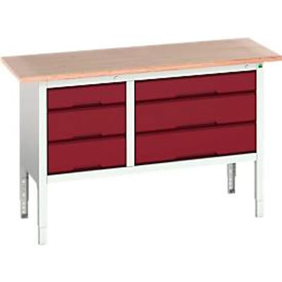 Bott verso box-type werkbank, met multiplex blad, 6 laden, B 1500 x D 600 x H 830 - 930 mm, lichtgrijs RAL 7035/paars RAL 3004