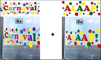 6x Raamsticker Carnaval en 6x Raamsticker Alaaf 75cm x 25cm - Raamsticker set - Carnaval themafeest festival sticker raam party feest