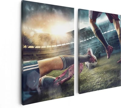 Artaza Canvas Schilderij Tweeluik Voetbal Sliding In Het Stadion - 80x60 cm - Wanddecoratie Woonkamer - Schilderijen - Muurdecoratie