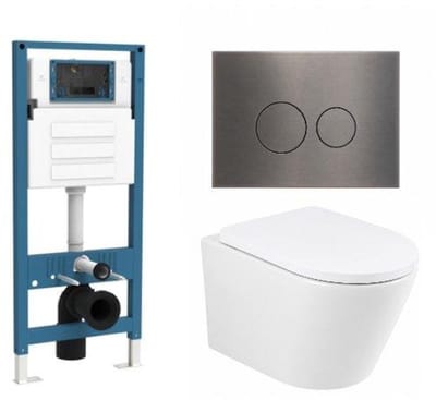 QeramiQ Dely Toiletset - inbouwreservoir Qeramiq Flush - 35mm zitting - metaal gunmetal bedieningsplaat - ronde knoppen - glans wit