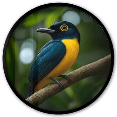 Poster in lijst Rond - Fotolijst 40x40 cm - Posters - Vogel - Tak - Geel - Bladeren - Ronde posterlijst zwart - Decoratie - Wanddecoratie woonkamer - Muurdecoratie slaapkamer
