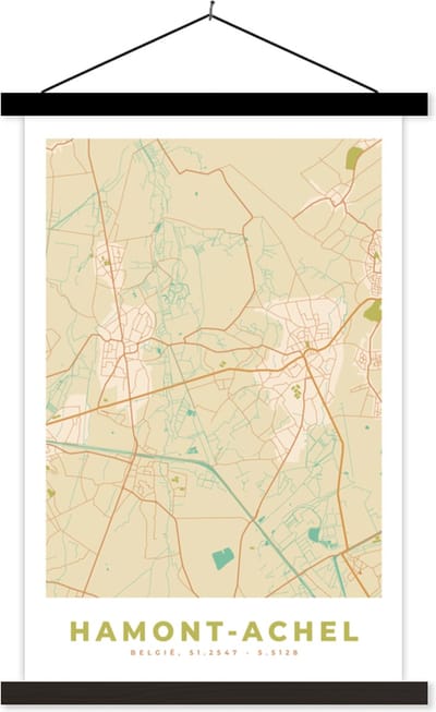 Posterhanger incl. Poster 40x60 cm - Schoolplaat - Kaart - Plattegrond - Vintage - Stadskaart - Hamont-Achel - Textielposter - Zwarte latten - Stadskaart