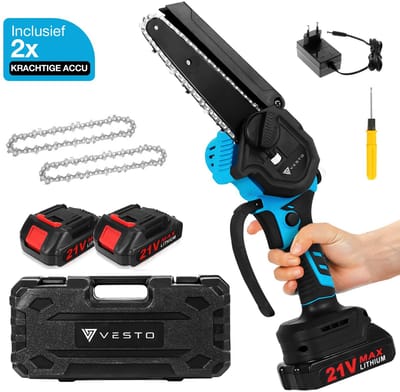 Vesto® Mini kettingzaag – Draadloos Inclusief 2 Led-Accu's – Heggenschaar Accu - Elektrisch Handkettingzaag - Snoeizaag - Takkenzaag - Handzaag - Boomzaag
