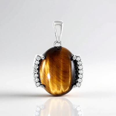 Cavill - Zilveren Hanger 925 Sterling Zilver Geplatineerd - Tijgeroog 8 25 ct Ovaal Cabochon - 14 Pavé Zirkonen 0 19 ct Elegant