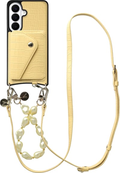 AVY Leren Hoesje geschikt voor Samsung Galaxy S26 Plus | Met Koord en Kaarthouder | Compatibel met MagSafe | Leather Case met Polsand & Crossbody Koord & Wallet | Pearl Leather Set | Croco Geel