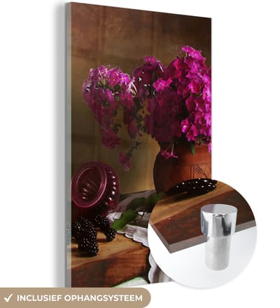 MuchoWow® Glasschilderij 120x180 cm - Schilderij acrylglas - Rustiek - Bloemen - Roze - Vaas - Stilleven - Foto op glas - Schilderijen