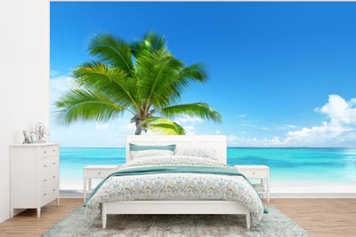 Behang - Fotobehang Palmboom - Strand - Zee - Zomer - Breedte 400 cm x hoogte 300 cm