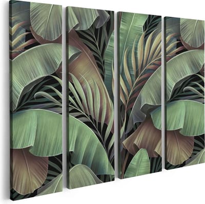 Artaza Canvas Schilderij Vierluik Tropische Bladeren  - 80x60 - Foto Op Canvas - Canvas Print