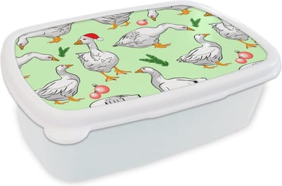 Broodtrommel Wit - Lunchbox - Brooddoos - Gans - Kerstballen - Christmas - Patronen - 18x12x6 cm - Volwassenen
