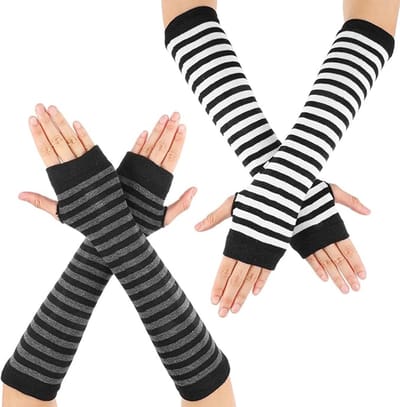 2 Paar Gestreepte Armwarmers Punk Gothic Stijl Vingerloze Gebreide Handschoenen Harajuku Kawaii Elastische Duimgathandschoenen Voor Vrouwen Mannen Kantoor En Typen