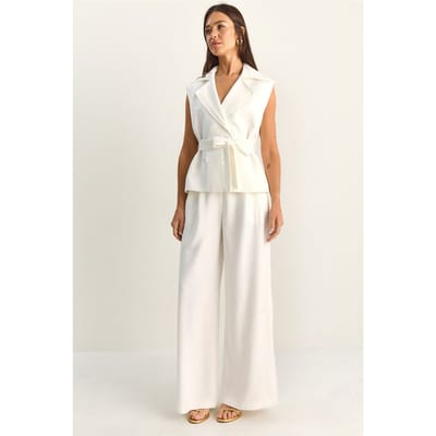 Hoge Taille Wijde Pijpen Co-ord Set met Sjaalkraag