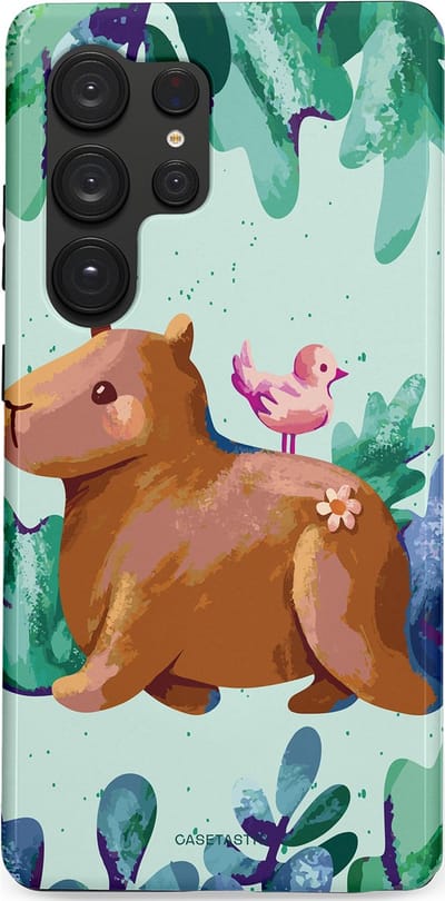 Casetastic Hoesje Geschikt voor Samsung S25 Ultra - Stijlvolle Beschermende Duo-layer Case - Capibara Vogeltjes Vriend