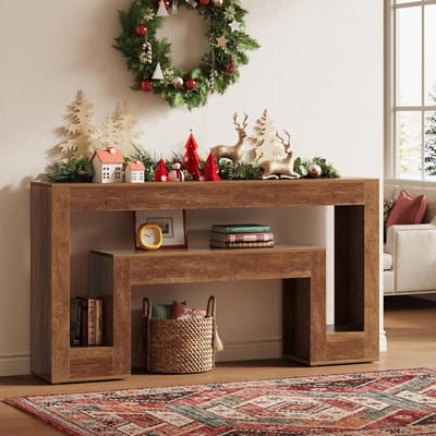 Tribesigns Consoletafel - Sidetable met 2 Planken - Hout - Bruin - Smalle Salontafel in Landelijke Stijl - 160 x 30 x 85 cm - Console Tafel voor Hal, Woonkamer, Entree
