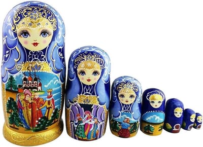 Houten Poppen Set - Stapelpoppen - Decoratie en Cadeau - Met de hand geschilderd - 7 Delig - Blauw Goud