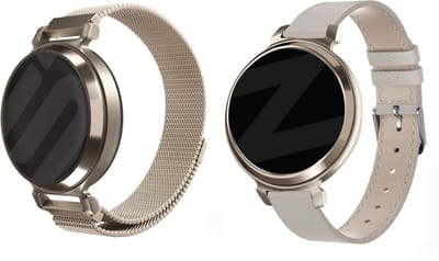 Bandz Lederen band 'Classic' (Beige) + Strap-it Milanese band (Champagne Goud) - Geschikt voor Garmin Lily 2 - Strak lederen band - RVS Stalen band met magneetsluiting - Magnetisch bandje