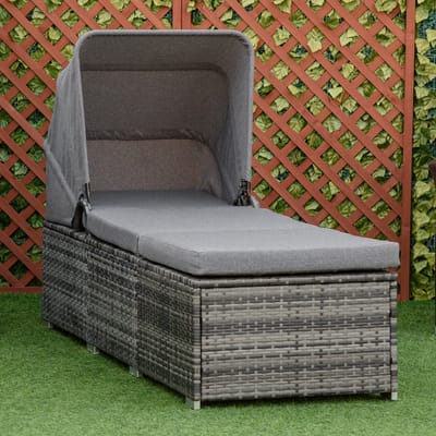 MODFU - Tuinligbed - Verstelbare Rugleuning En Zonnedak - Buiten - PE-Rattan - Grijs - 195 x 65 x 40 cm