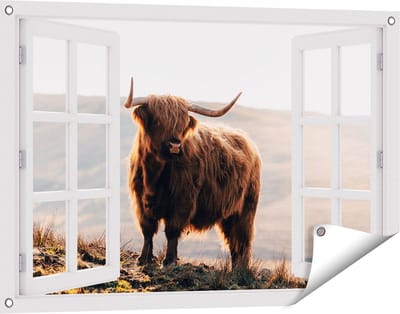 Gards Tuinposter Doorkijk Schotse Hooglander in de Heuvels van Schotland - 90x60 cm - Tuindoek - Tuindecoratie - Wanddecoratie buiten - Tuinschilderij