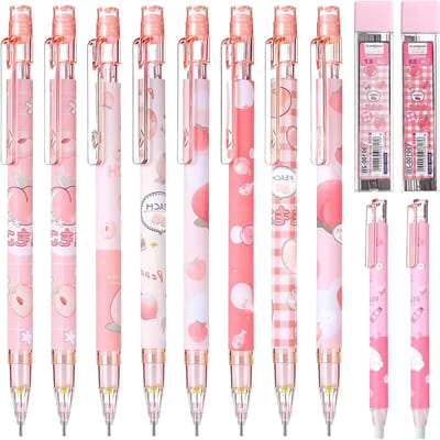 Kawaii mechanische potloden set van 8 stuks met navullijnen en gummen, 0,5 mm/0,7 mm roze potloden voor school en kantoorbenodigdheden