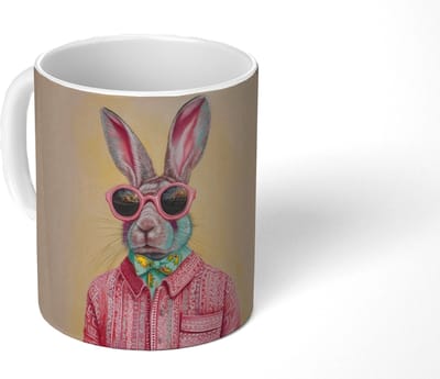 Mok - Koffiemok - Grijs - Konijn - Blouse - Strik - Mokken - 350 ML - Beker - Koffiemokken - Theemok