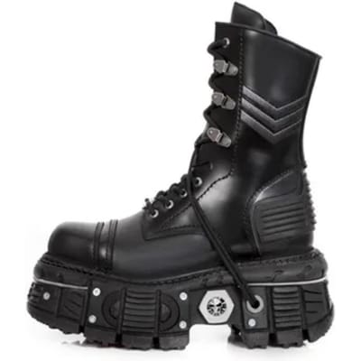 Retro Zwarte man Vrouwen Enkellaarzen Metalen Versiering Dik Platform Punk Vrouwelijke Ronde Neus Vetersluiting Casual Ridder Dames Schoenen 45 45 black