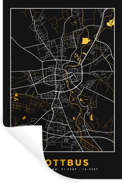 Muurstickers - Sticker Folie - Cottbus - Goud - Kaart - Plattegrond - Stadskaart - Duitsland - 20x30 cm - Plakfolie - Muurstickers Kinderkamer - Zelfklevend Behang - Zelfklevend behangpapier - Stickerfolie