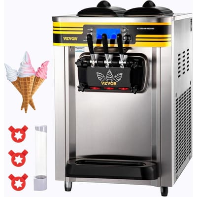 Machine à Glacee Professionnelle, Rendement 22-30L/H, Machine à Glace Molle sur Comptoir 2350W avec 2x6L Bac 2L Cylindre Panneau LCD Alarme Manque d'Air, Surgelé