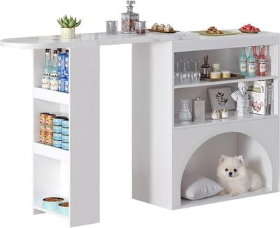 Uitschuifbare bartafel eettafel ROLIPO - smalle hoge tafel met opbergruimte & huisdierenplek - keukentafel uitschuifbaar 120-200 cm - marmerlook wit - bar tafel klein appartement 120x40x100 cm