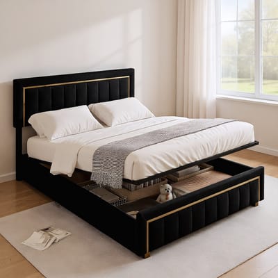 Fluwelen Opbergbed 160x200 met Hydraulische Lift – Gestoffeerd Tweepersoonsbed met Gouden Details en Lattenbodem – Zwart – Zonder Matras