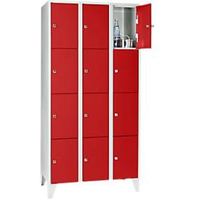 Vakkenkast 300 mm, 3 compartimenten, 12 vakken, veiligheidscilinderslot, poot, vuurrood