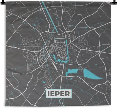 Wandkleed - Wanddoek - Stadskaart – Grijs - Kaart – Ieper – België – Plattegrond - 180x180 cm - Wandtapijt