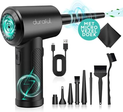 Duraful Air Duster 8-delig - Perslucht - Compressed Air - Stof Reiniger - 55.000 RPM - 6100mAh - Met LED Licht - Oplaadbar en Draadloos - 3 Snelheden - Elektrische Pomp voor luchtbed - luchtbed pomp - Stofreiniger - Gratis microvezel doek