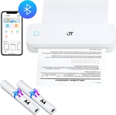 JT Products Thermische Mini Printer Draadloos - Met 2 Rollen A4 Papier - Pocket Printer Bluetooth - Thermische Printen - 200 DPI - Thermal - Portable A4 Met App - Kleine Printer voor Onderweg - Kassabonprinter - Miniprinter - Back To School - Wit